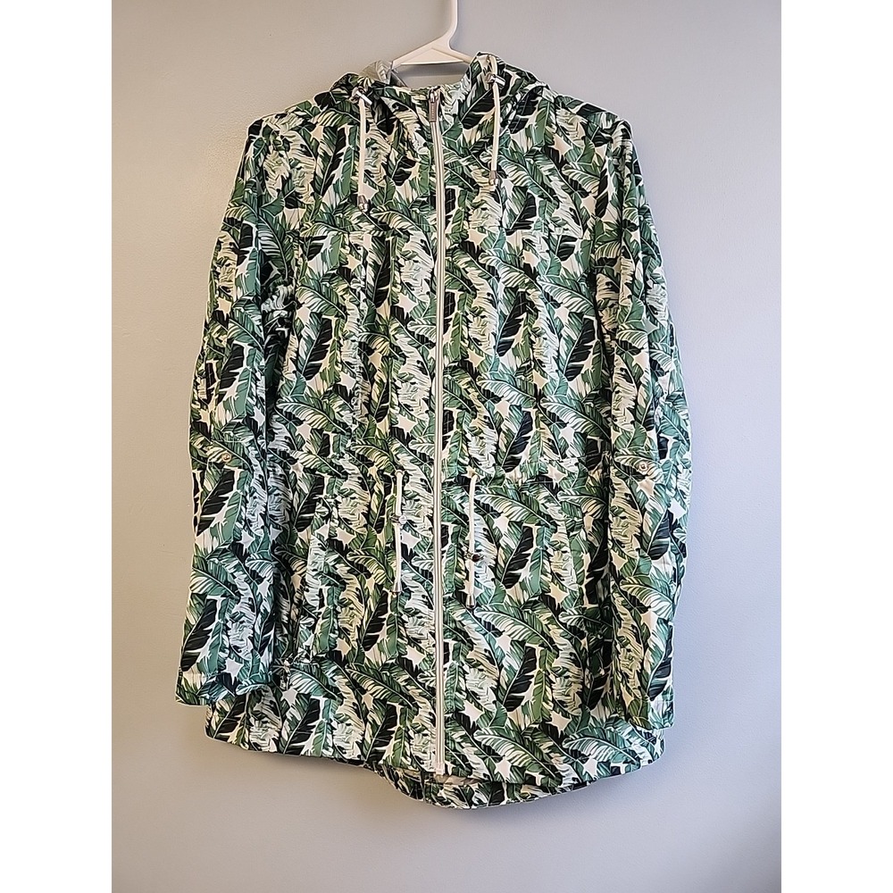 Susan Graver Sz XS Green Tropical Leaves Full Zip Waterproof Packable Jacket